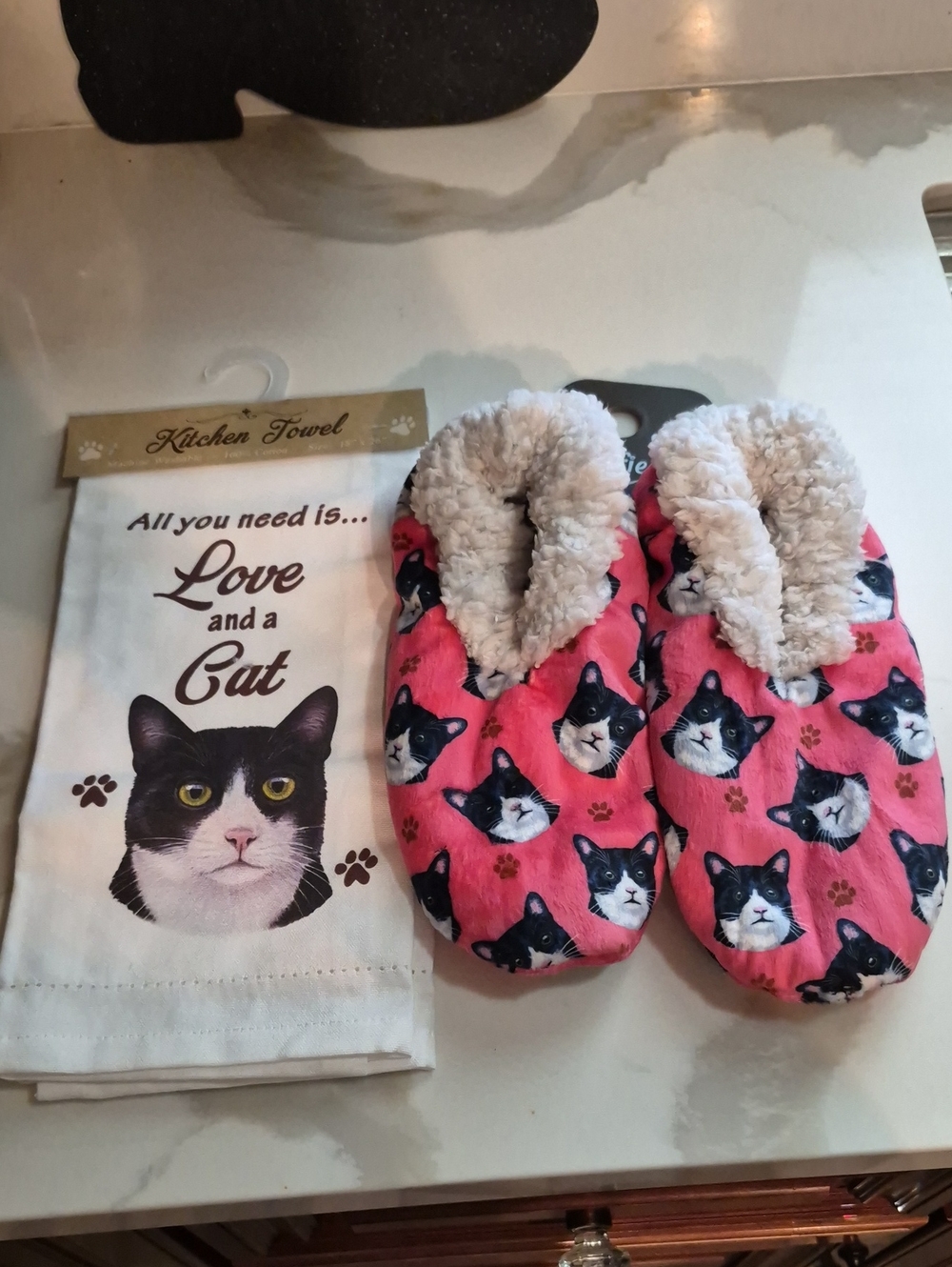 Blk/ Wht Cat Slippers and Kitchen Towel